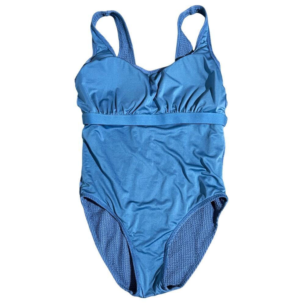 Textured Crinkle One Piece Swimsuit Blue Scoop Neck Sz Medium - Picture 4 of 7
